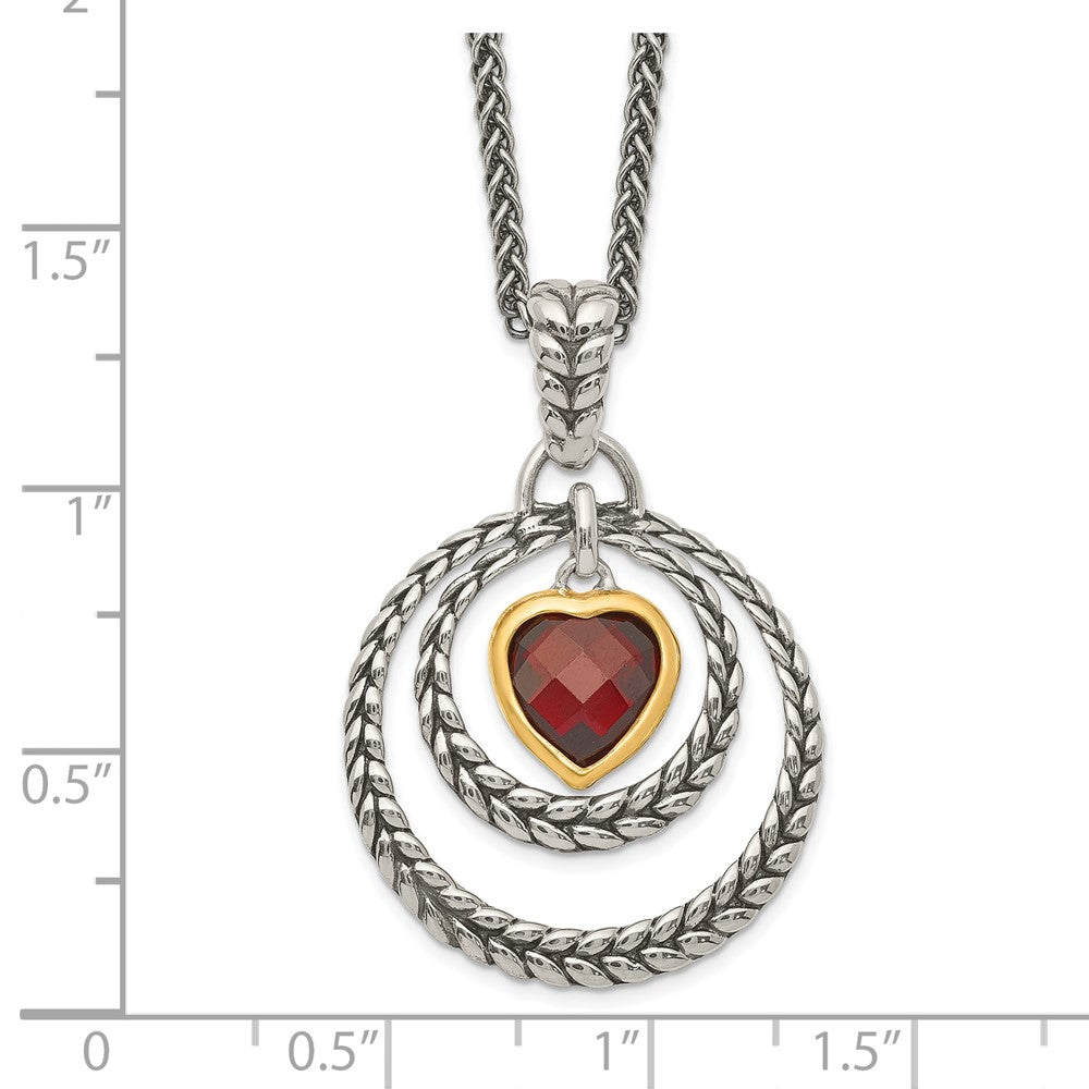 Shey Couture Sterling Silver Gold-tone Flash Gold-plated 18 Inch Antiqued Checkerboard Garnet Heart Necklace 18 Inches