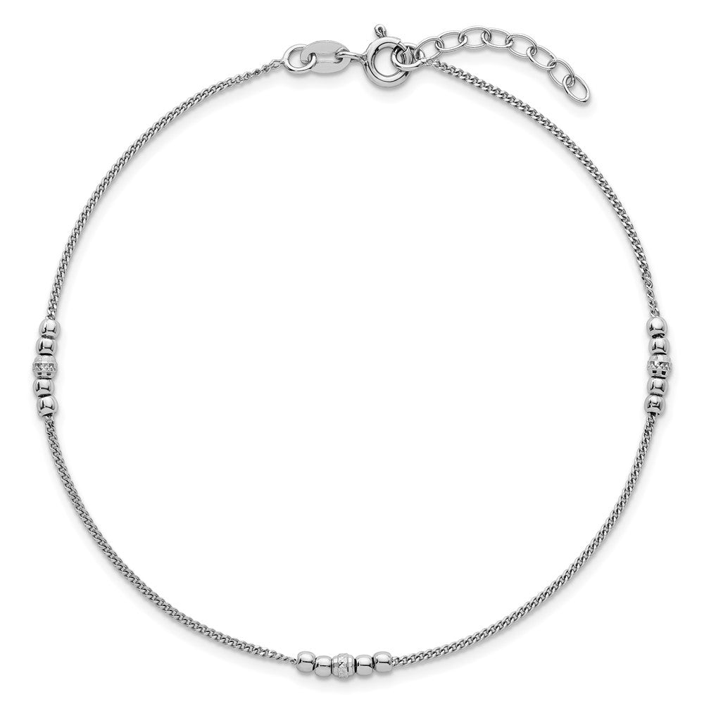 Sterling Silver Rhodium-plated Polished and Diamond-cut 3-Station Beaded 9 Inch with 1 Inch Extension Anklet