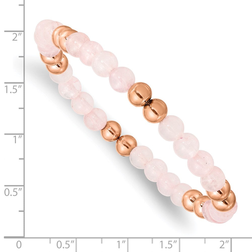 Stainless Steel Polished Rose IP-plated Pink Quartz Beaded Stretch Bracelet 7.25 inches
