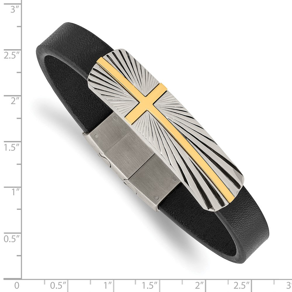 Stainless Steel Polished Yellow IP Cross Black Leather w/.5in ext Bracelet 8 inches