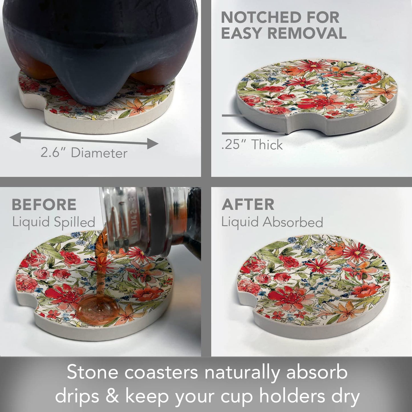 Thirstystone "Americana Mood Floral" Single Absorbent Stone Car Coaster