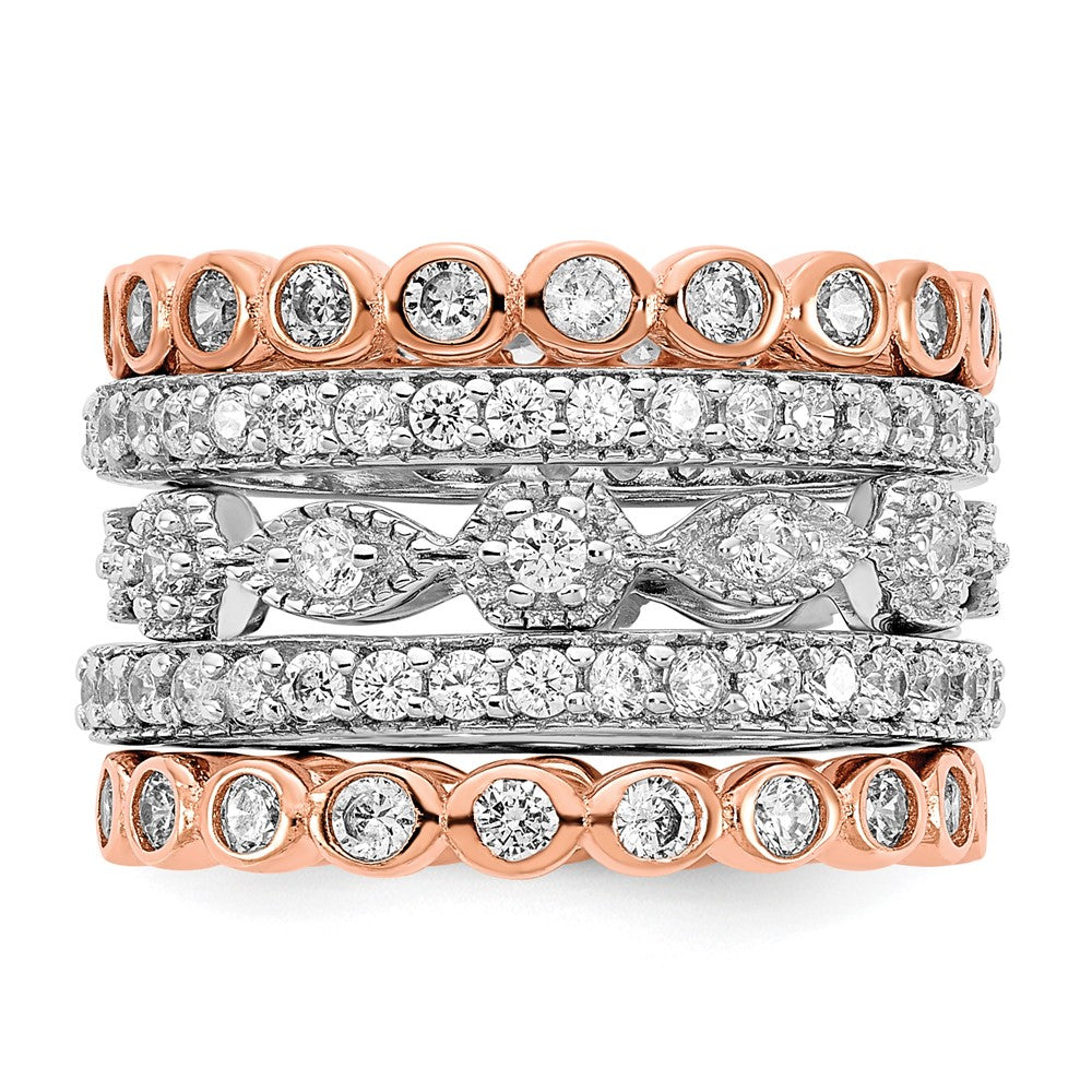 Cheryl M Sterling Silver Rhodium-plated and Rose Gold-plated Brilliant-cut CZ 5 Piece Eternity Band Ring Set