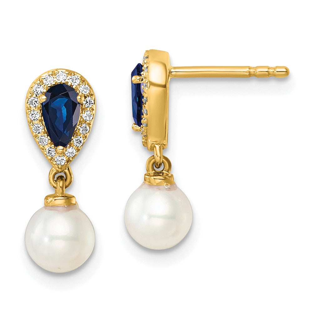 14K Gold Polished Diamond, Pearl & Sapphire Dangle Post Earrings