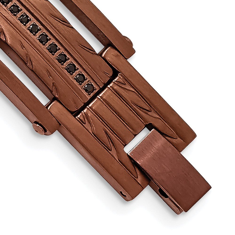 Stainless Steel Brushed and Textured Brown IP w/Black CZ 8.25in Bracelet 8.25 inches