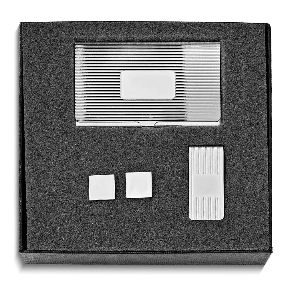 Silver-tone Card Case Money Clip and Cuff Links Gift Set QGM20800