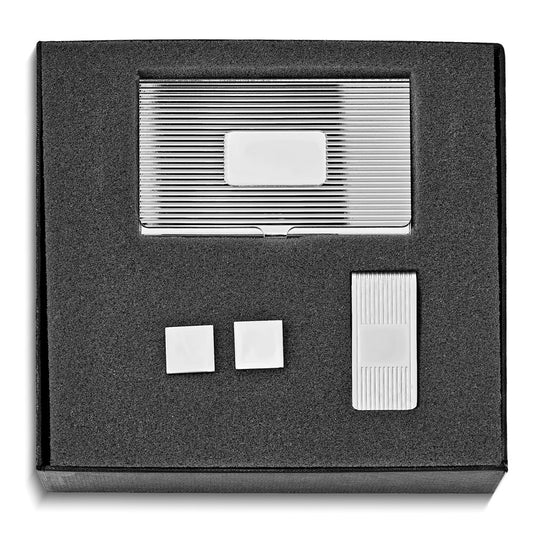 Silver-tone Card Case Money Clip and Cuff Links Gift Set QGM20800
