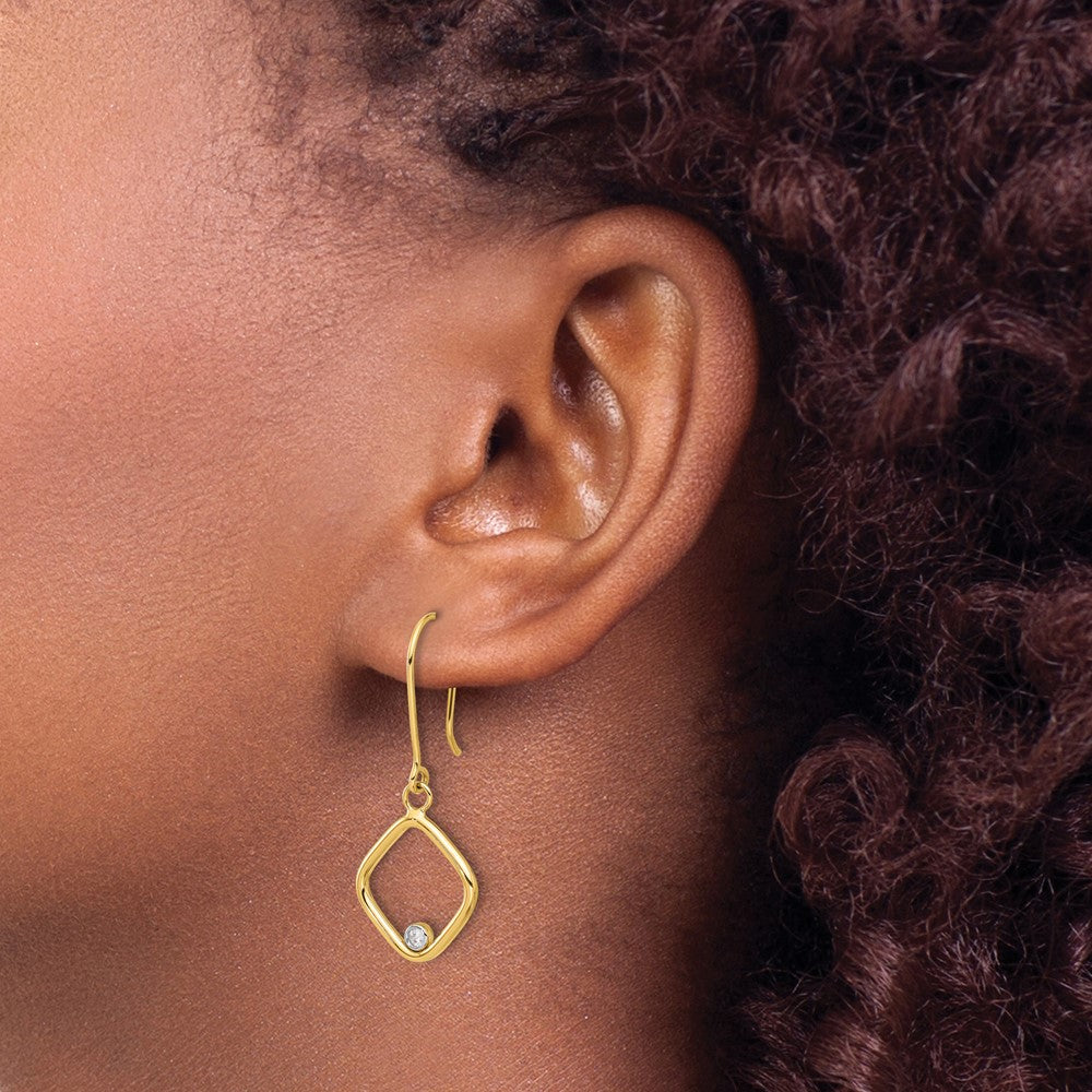 14K with Rhodium Polished CZ Square Dangle Earrings