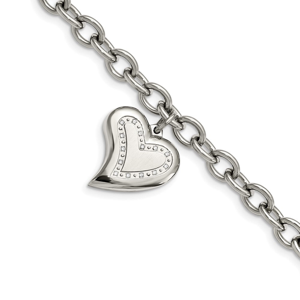 Stainless Steel Polished w/CZ Heart Charm 7.5in Bracelet 7.25 inches
