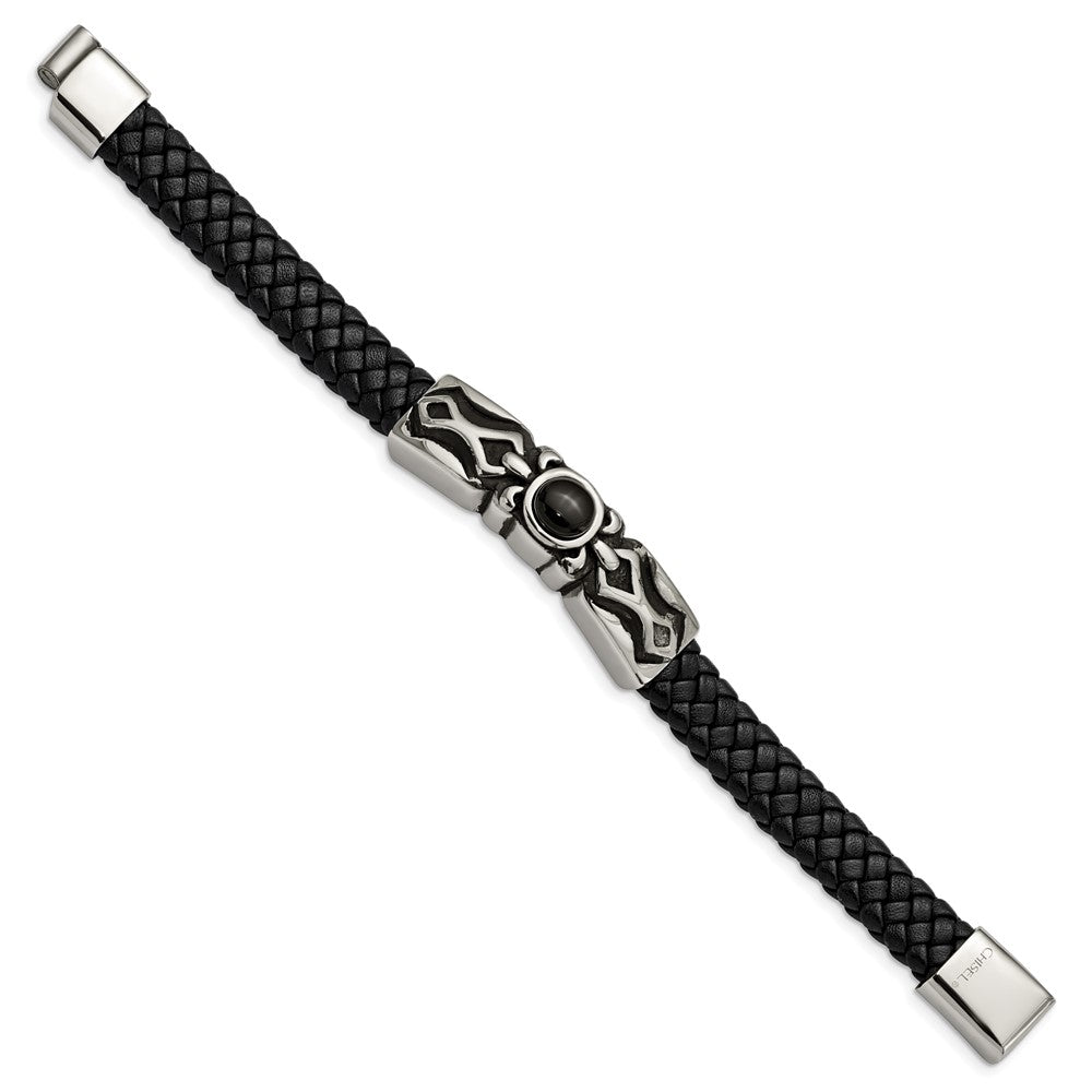 Stainless Steel Antiqued & Polished w/Black Onyx Leather 8.25in Bracelet 8.25 inches