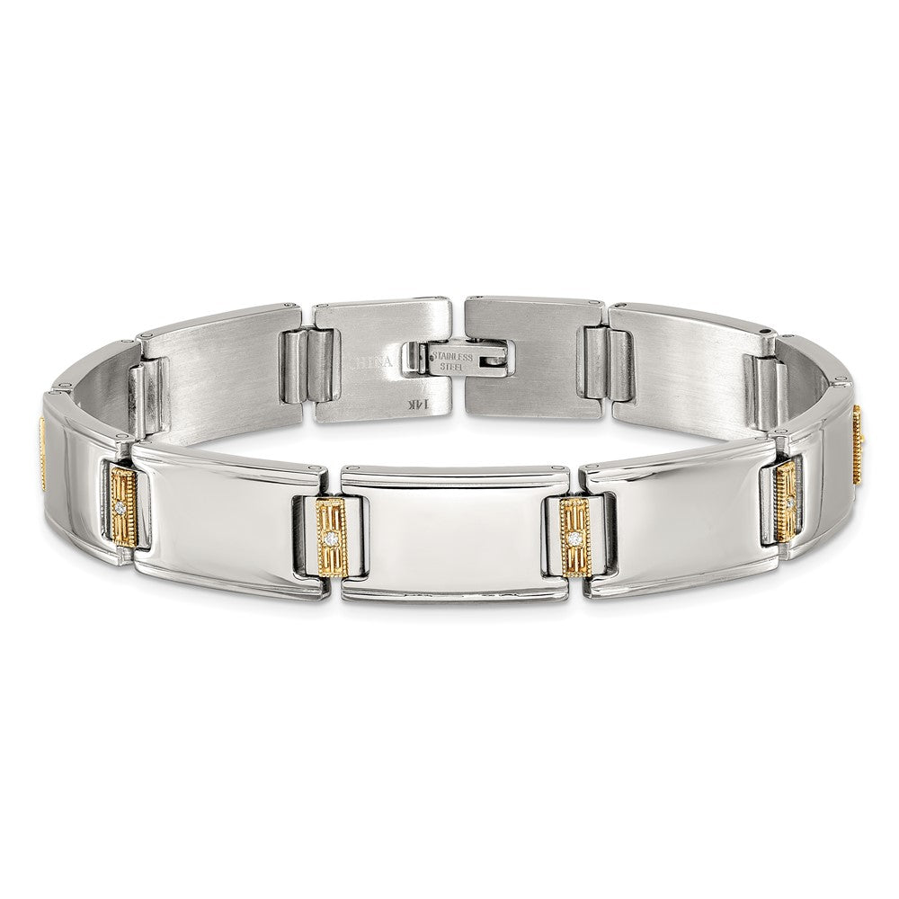 Chisel Stainless Steel Polished with 14K Gold Accent and 1/10ct. Diamond 8.5 inch Link Bracelet 8.5 inches