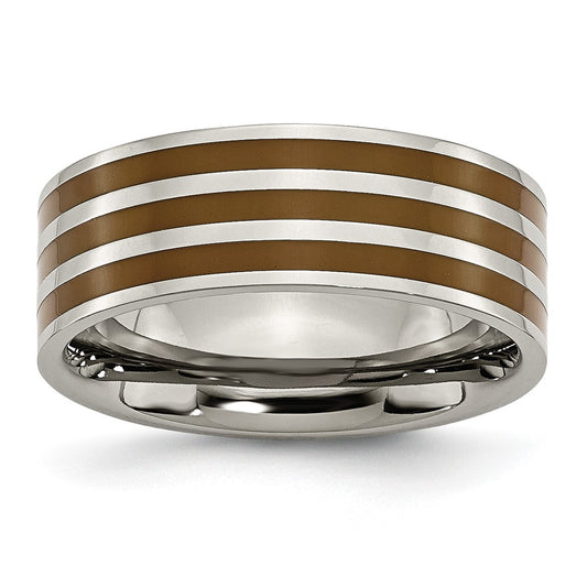 Titanium Polished Brown Enamel Striped 8mm Flat Band Size - 7