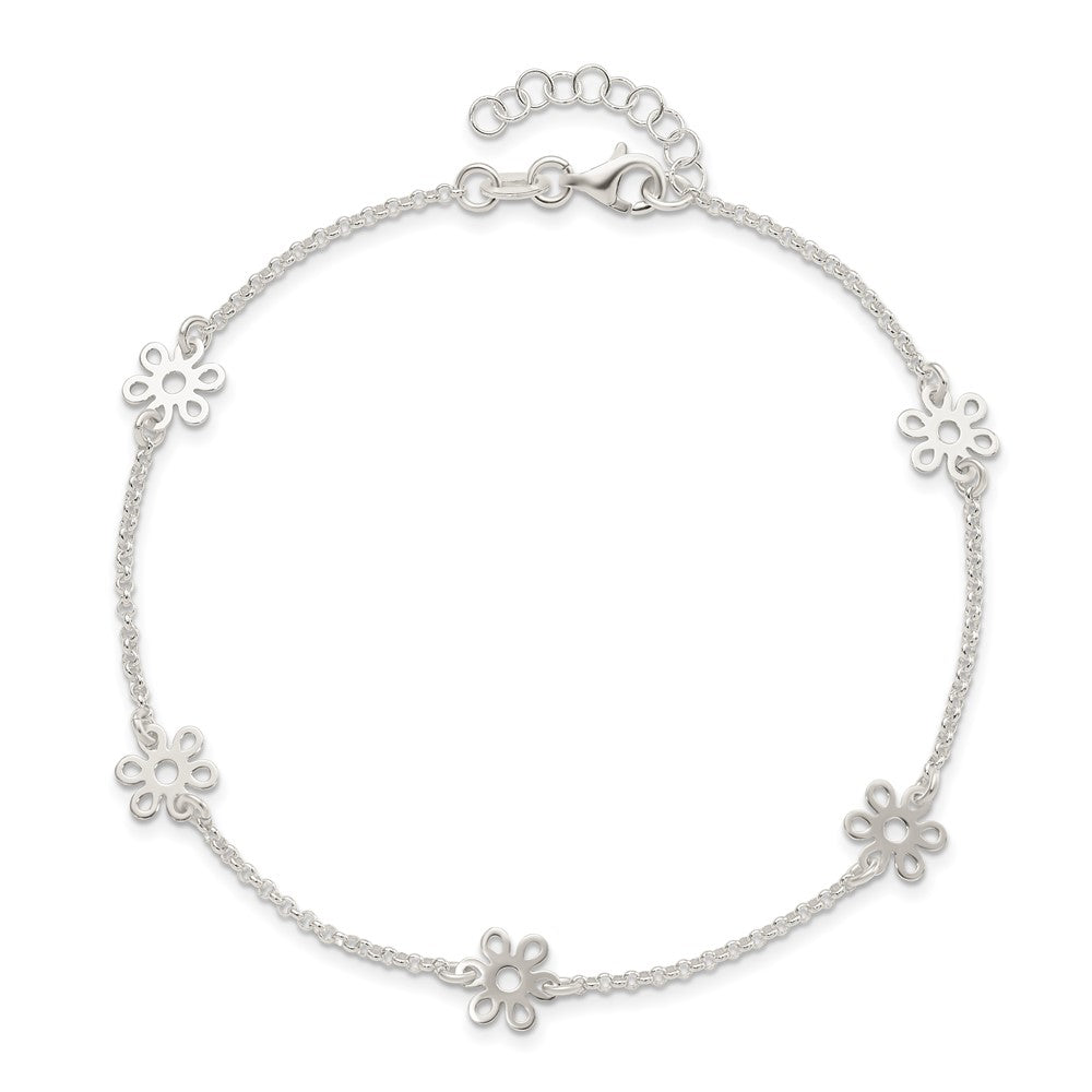 Sterling Silver Polished Flower 9in Plus 1in Ext. Anklet 9 inches