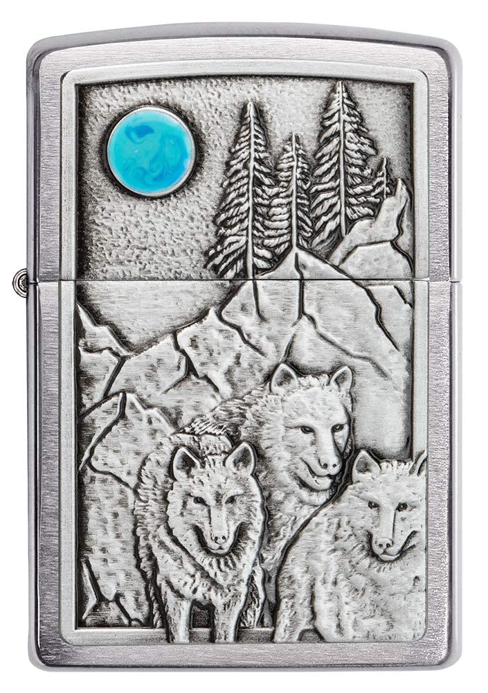 Zippo Wolf Pack and Moon Emblem Brushed Chrome Pocket Lighter