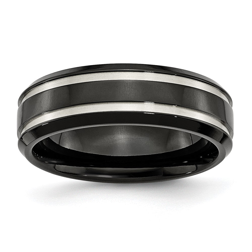 Titanium Brushed and Polished Black IP-plated 7mm Grooved Band Size - 8