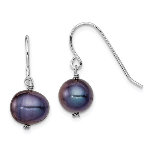 Sterling Silver Rhodium-plated Black 7.5-8.5mm Black Semi-Round Freshwater Cultured Pearl Dangle Earrings