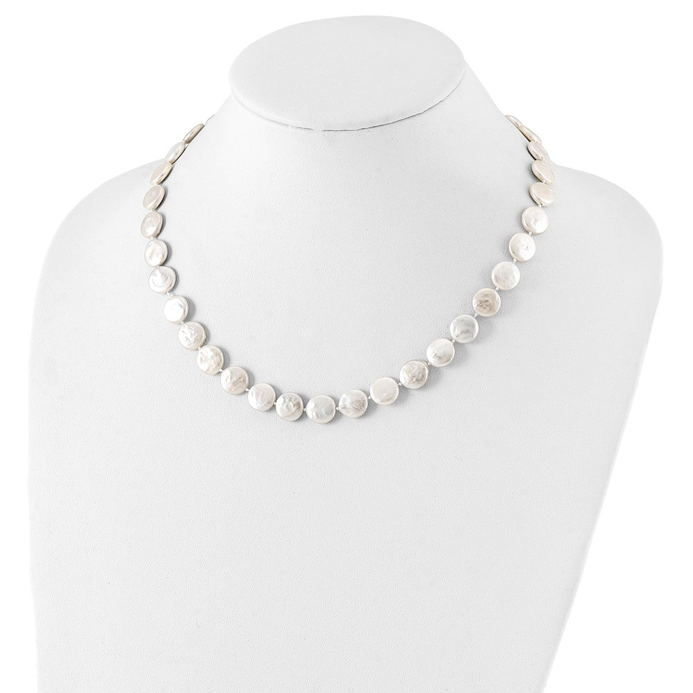 Sterling Silver Rhodium-plated 10-11mm White Coin Freshwater Cultured Pearl 18 inch Necklace 18 Inches
