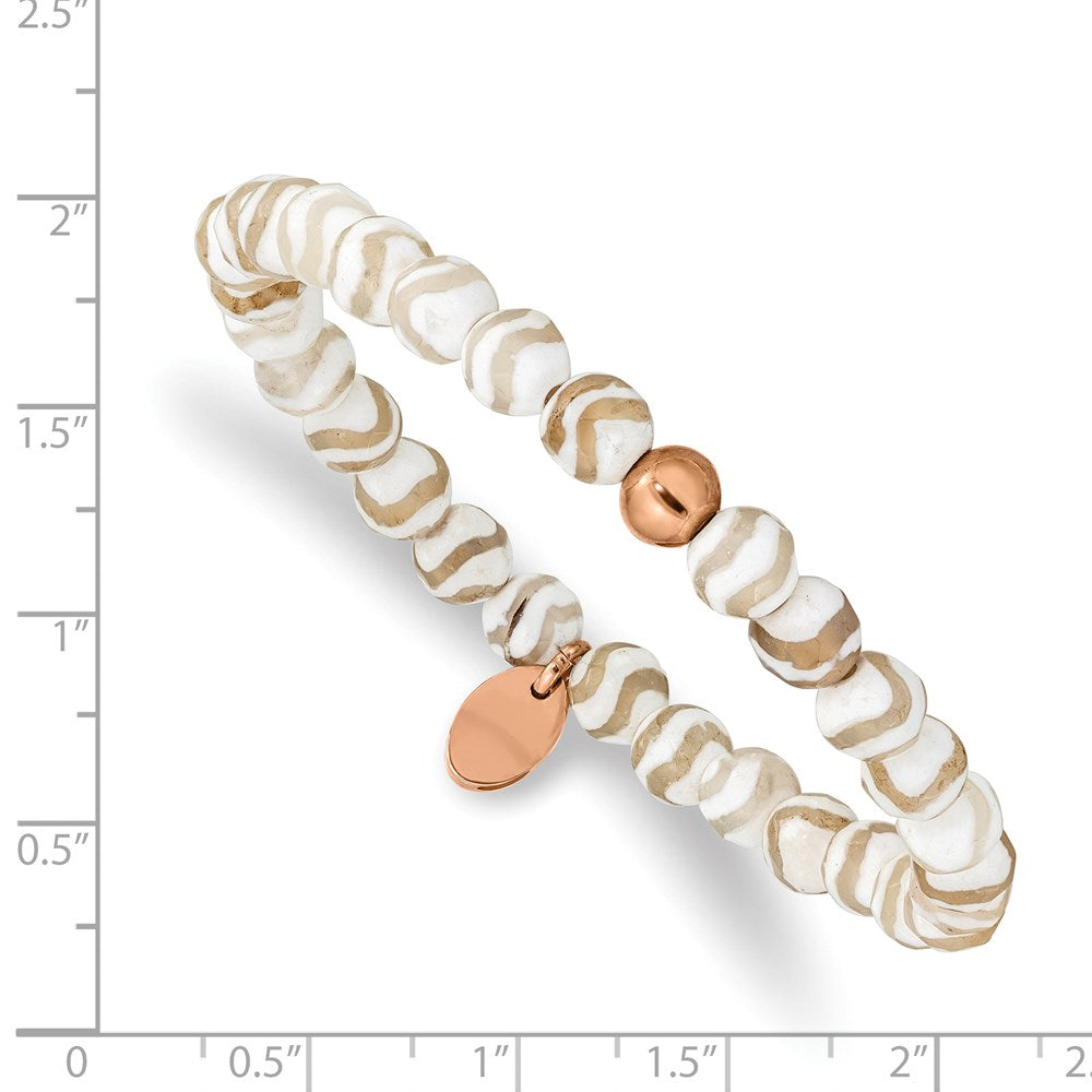 Stainless Steel Polished Rose IP White Wave Agate Stretch Bracelet 6.25 inches