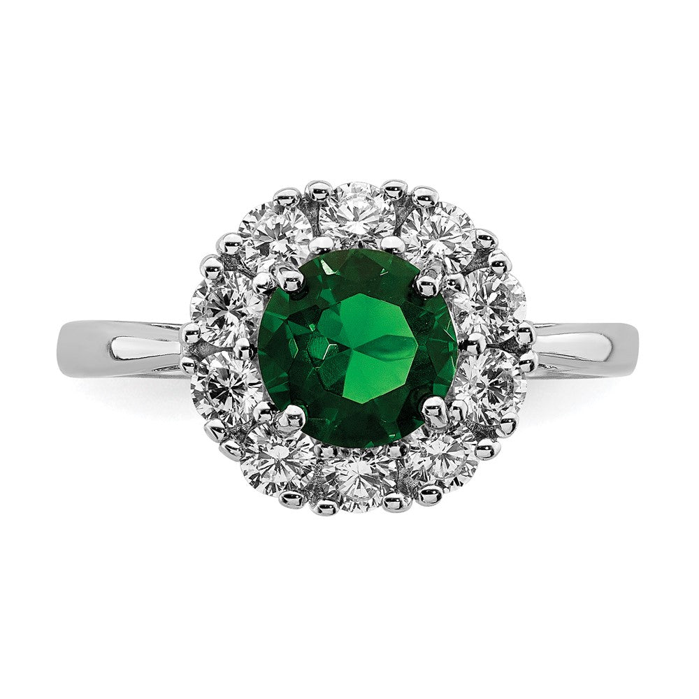 Sterling Silver Rhodium-plated Green Glass and CZ Halo Ring