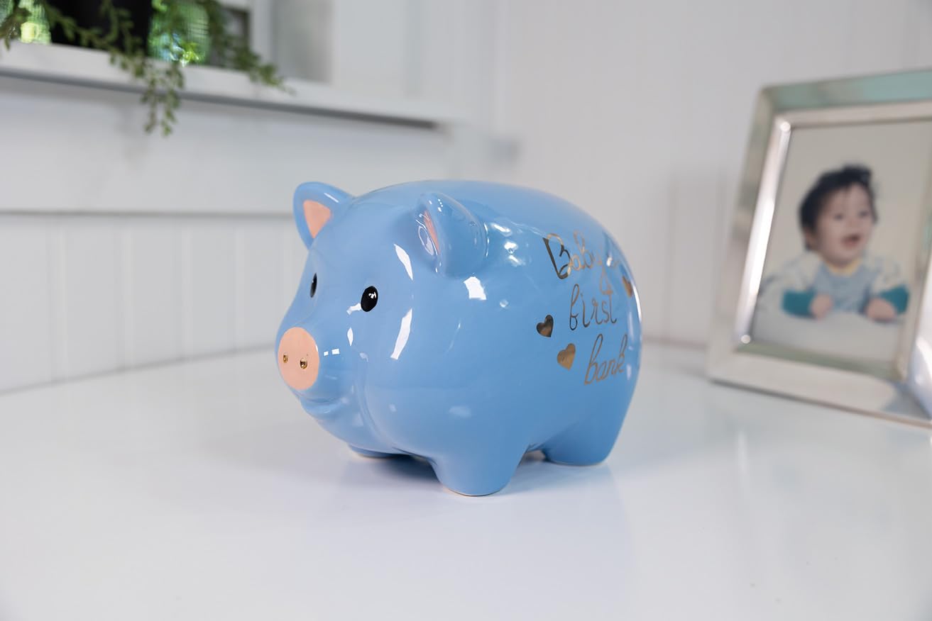Blue Sky Clayworks Baby's First Piggy Bank, 7.75-inch Length, Blue, Gift, Christening, Tabletops
