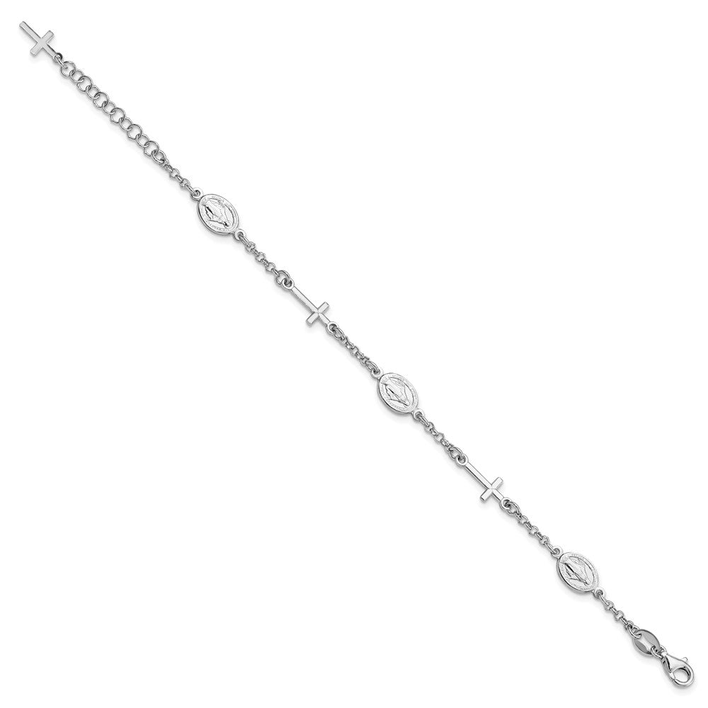 Sterling Silver RH-Plate Cross Miraculous Medal 6in w/1in ext Bracelet 7.5 inches