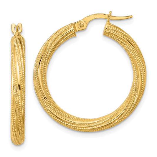 10k Polished and Textured Twisted Tube Hoop Earrings