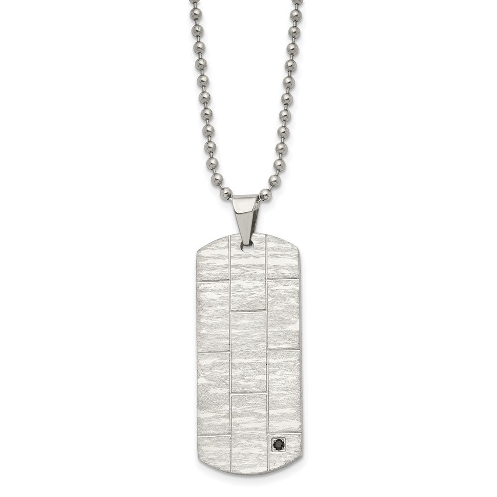 Stainless Steel Polished and Satin w/Black CZ Dog Tag 20in Necklace