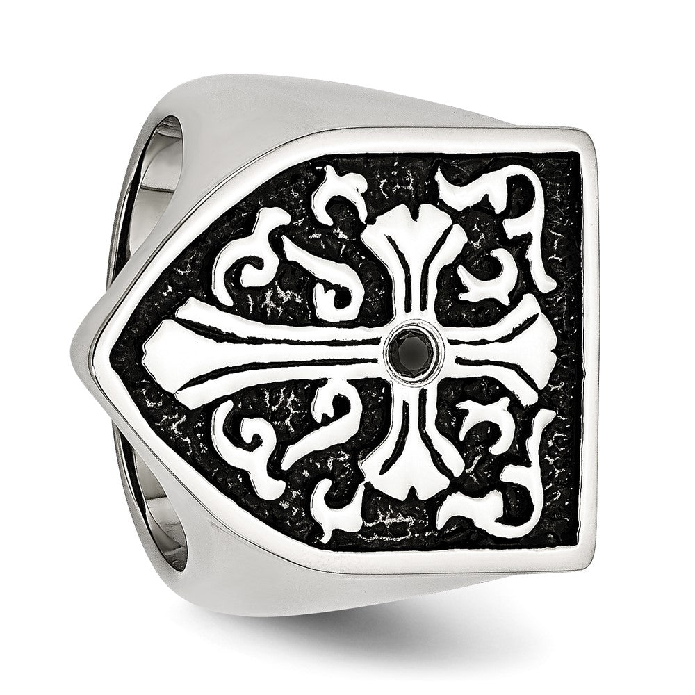 Stainless Steel Antiqued & Polished 1/20ct Black Diamond Shield Ring Size - 11
