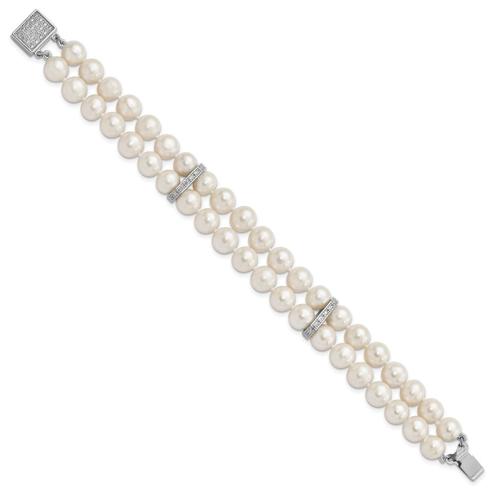 Sterling Silver Rhodium-plated 7-8mm White Near-round Freshwater Cultured Pearl and CZ 2-Strand 7 inch Bracelet 7 inches