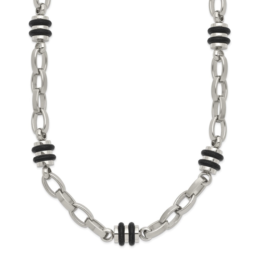 Stainless Steel Polished w/Black Rubber Barrel Link 22in Necklace