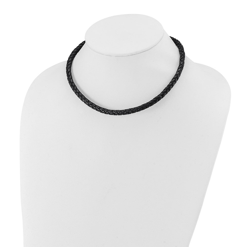 Stainless Steel Polished Woven Black Leather 19.5in Necklace