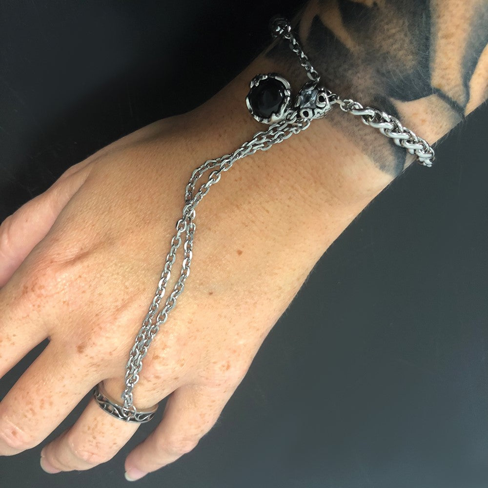 Stainless Steel Polished & Antiqued Crystal & Glass Fleur de Lis Connected Ring Bracelet