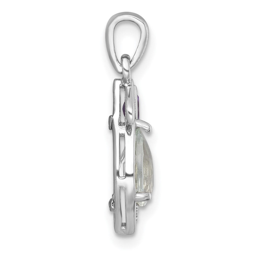 Sterling Silver Rhodium-plated Polished Amethyst and Green Quartz Leaf Pendant
