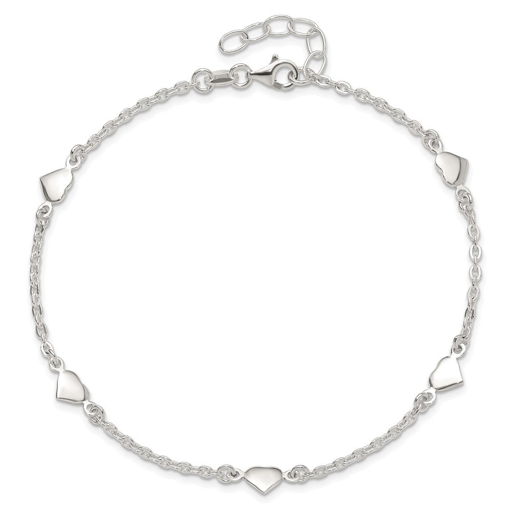 Sterling Silver 9 inch Polished Heart Plus 1in ext. Anklet 9 inches