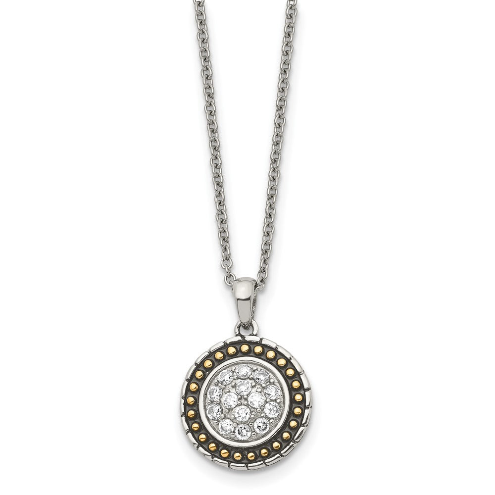 Stainless Steel Antiqued & Polished Yellow IP-plated w/CZ Circle Necklace
