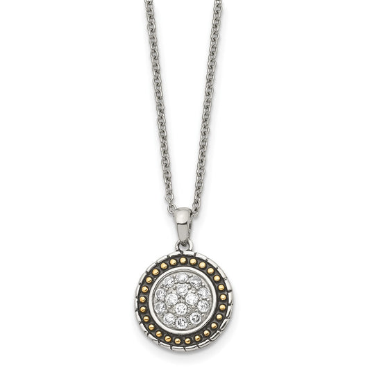 Stainless Steel Antiqued & Polished Yellow IP-plated w/CZ Circle Necklace