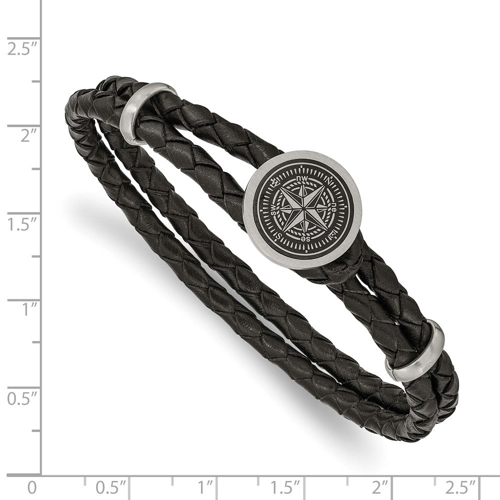 Stainless Steel Brushed Lasered Compass Black Leather 8.5in Bracelet 8.5 inches
