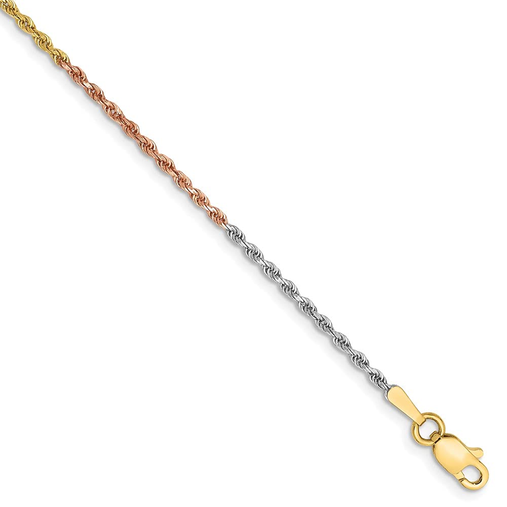14K Tri-colored 9 inch 1.5mm Diamond-cut Rope with Lobster Clasp Anklet