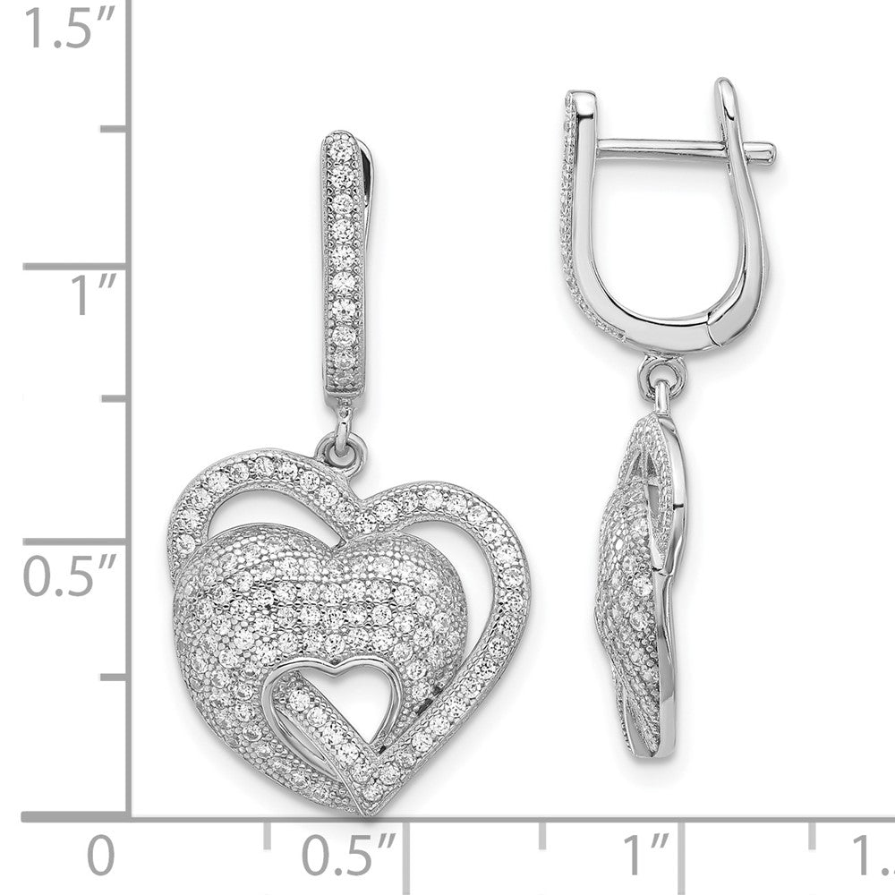 Sterling Silver Brilliant Embers CZ Hearts Hinged Post Dangle Earrings