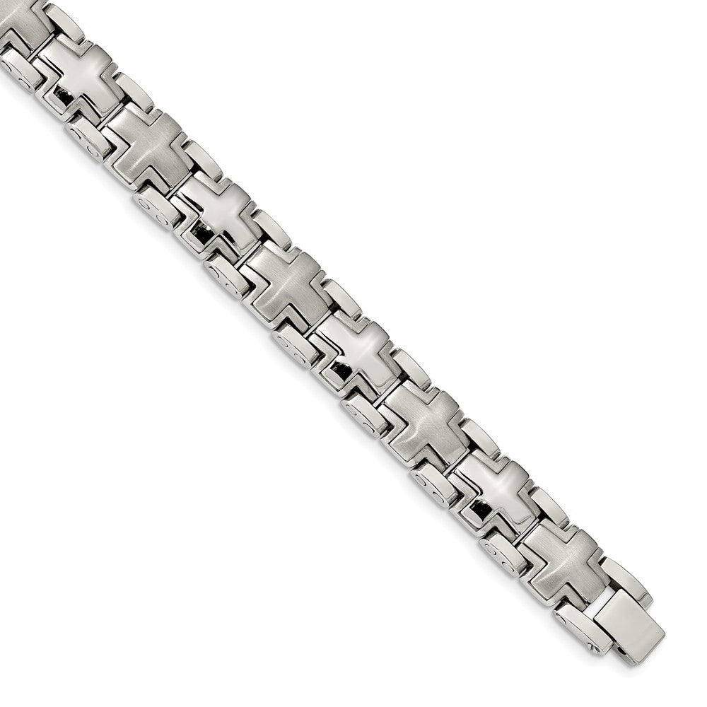 Stainless Steel Brushed and Polished Cross 8.25in Heavy Link Bracelet 8.25 inches