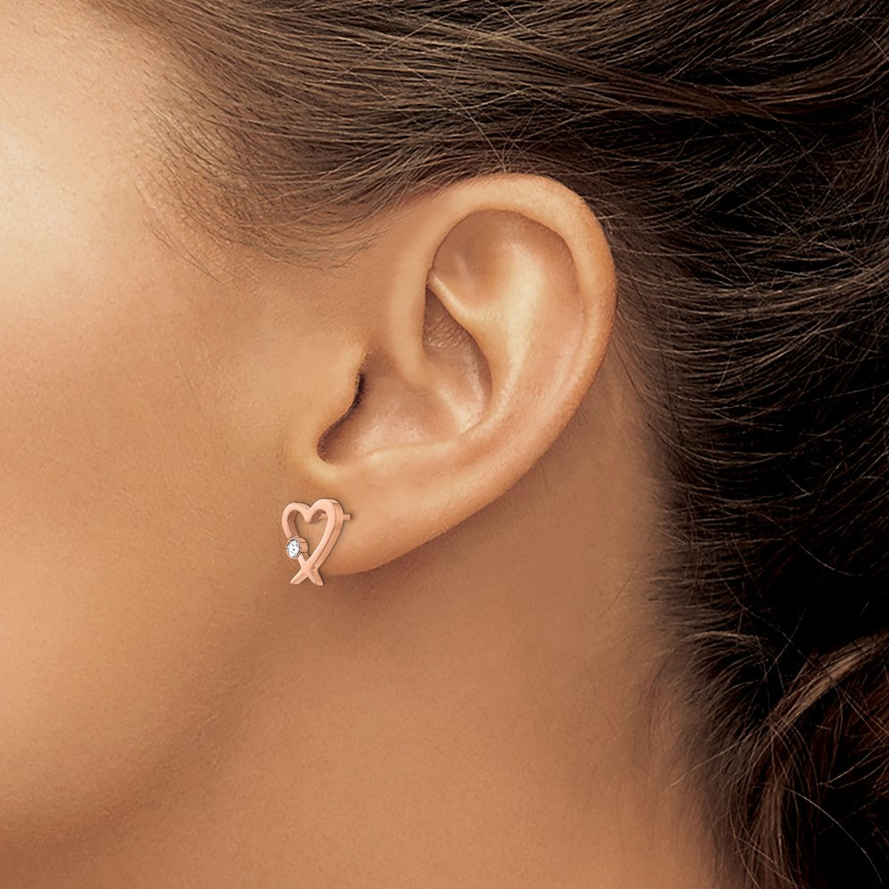Stainless Steel Polished Rose IP-plated w/Crystal Heart Post Earrings