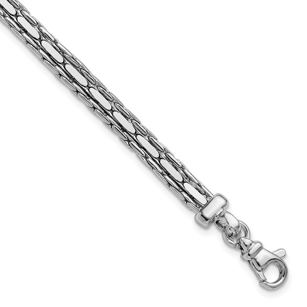 SS RH-plated Polished 3-Strand Fancy w/1in ext. Bracelet 8  inches