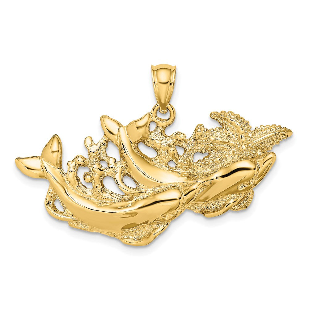 14K Polished and Textured Dolphins Swimming w/Starfish Pendant