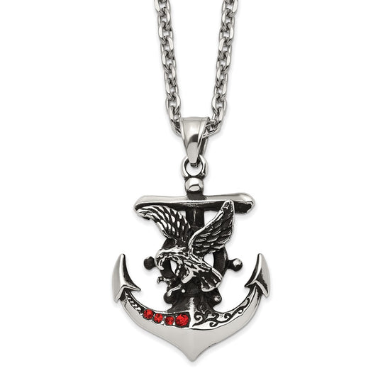 Stainless Steel Polished & Antiqued Red Crystal Anchor & Eagle Necklace