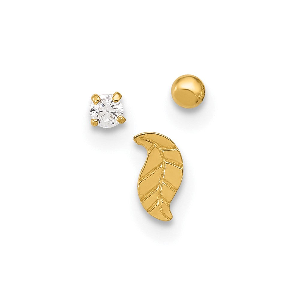 14K Gold 22 Gauge Leaf, Ball & CZ Nose Post Set
