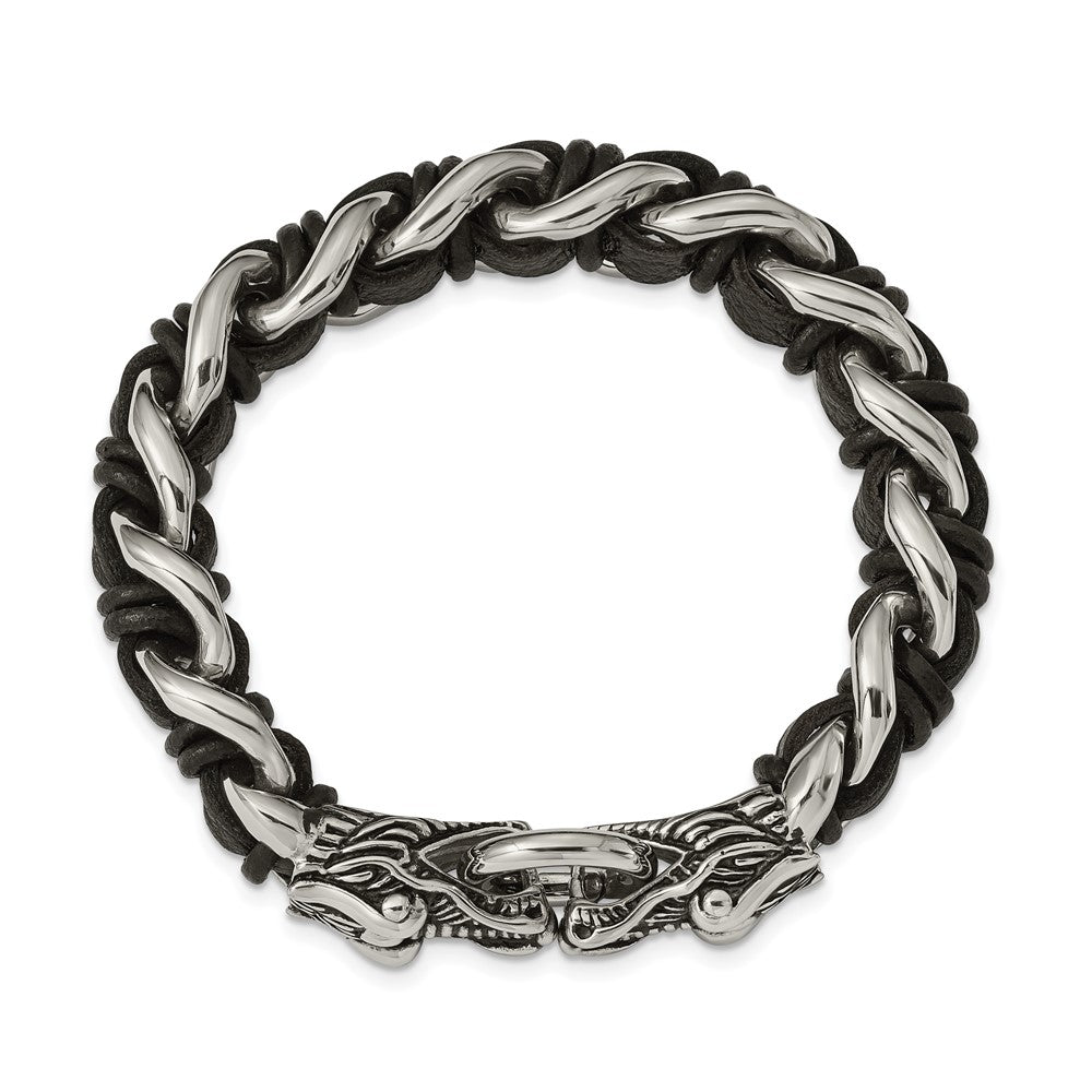 Stainless Steel Antiqued & Polished Dragon Head Black Leather Bracelet 8.5 inches