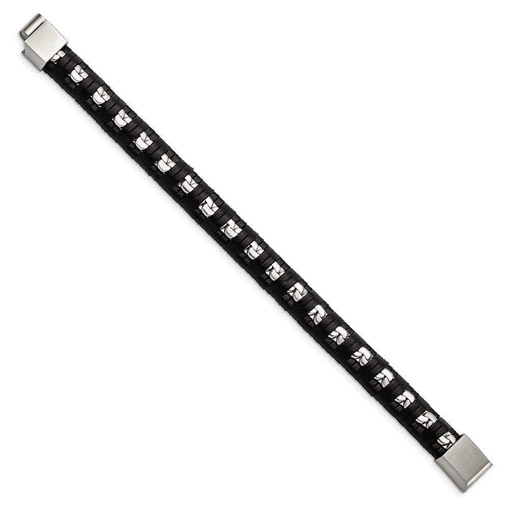 Stainless Steel Polished Black Leather with Chain 8.25in Bracelet 8.25 inches