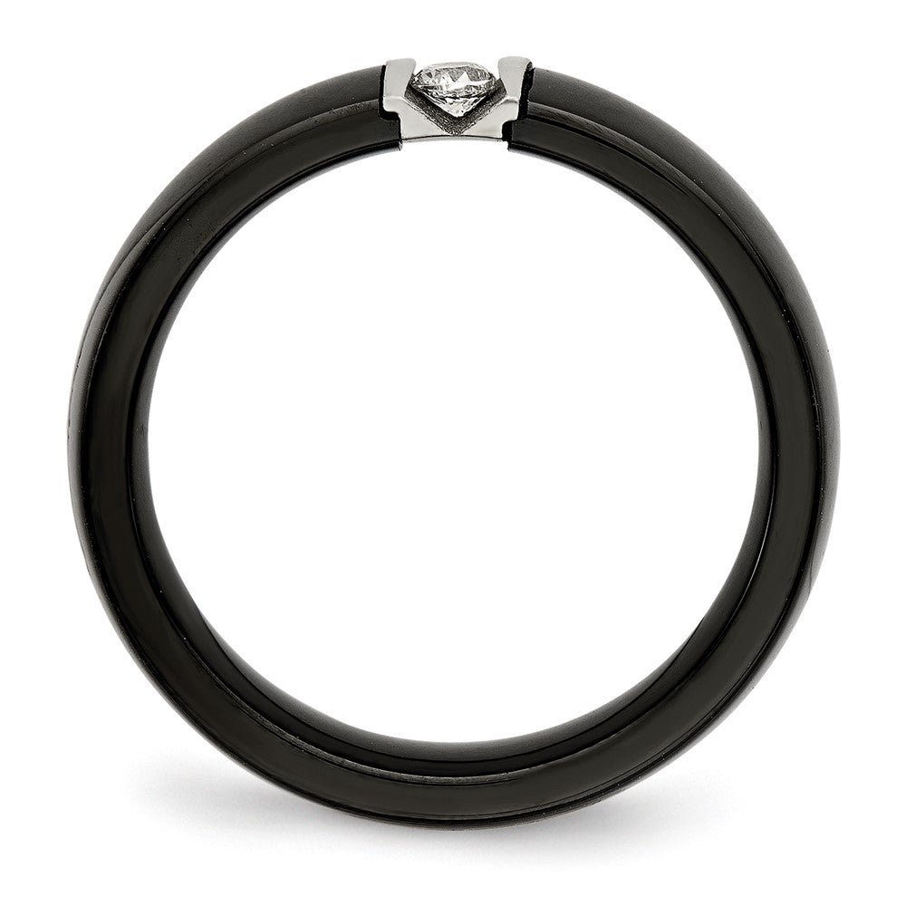 Stainless Steel Polished & Laser Cut Black Ceramic CZ Ring Size - 10