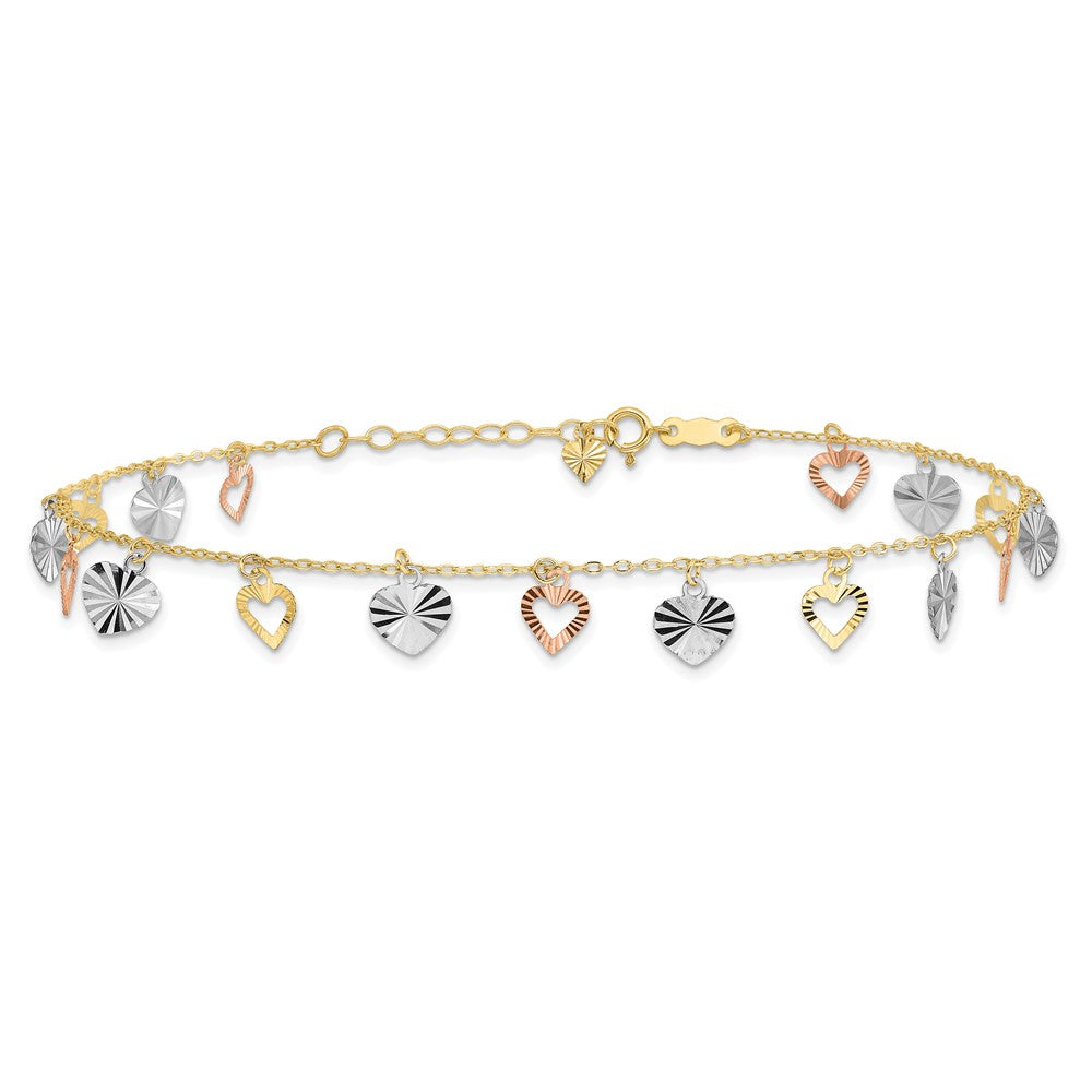 14K Tri-Color Heart 9in Plus 1in ext  Anklet 9 inches