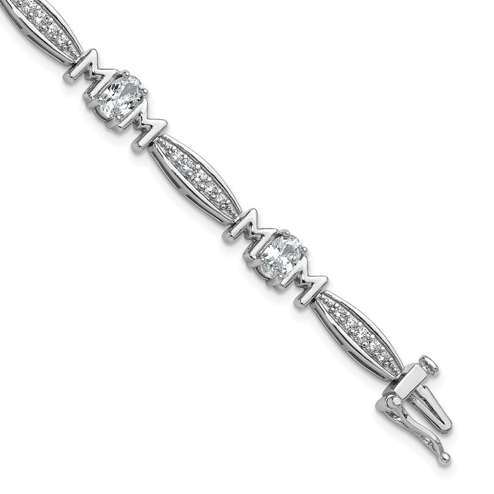 Cheryl M Sterling Silver Rhodium-plated Polished CZ Mom with Safety Clasp Bracelet 7.5 inches