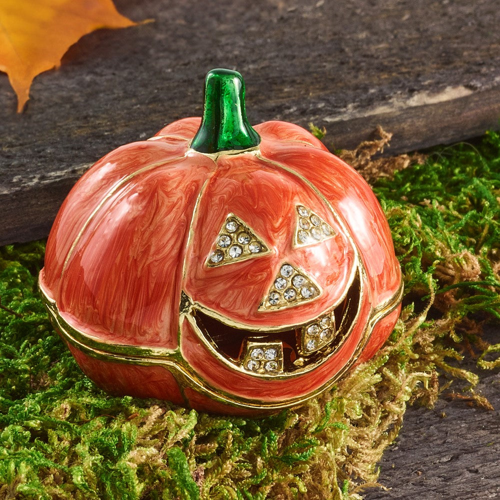 Luxury Giftware by Jere Bejeweled HALLOWS EVE Jack-O-Lantern Trinket Box with Matching 18 inch Necklace